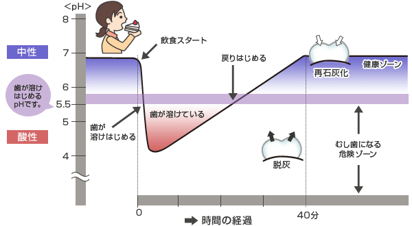 飲食によるプラークpHの変化図